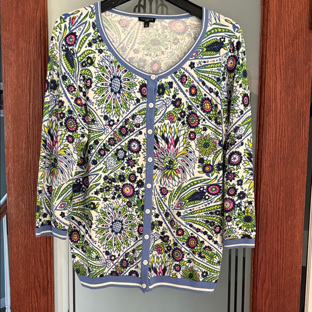 Talbots Vibrant Patterned Cardigan With Blue Trim - image 1